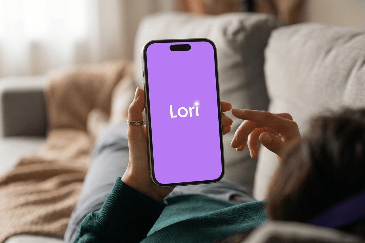 Pessoa segurando celular com a plataforma Lori